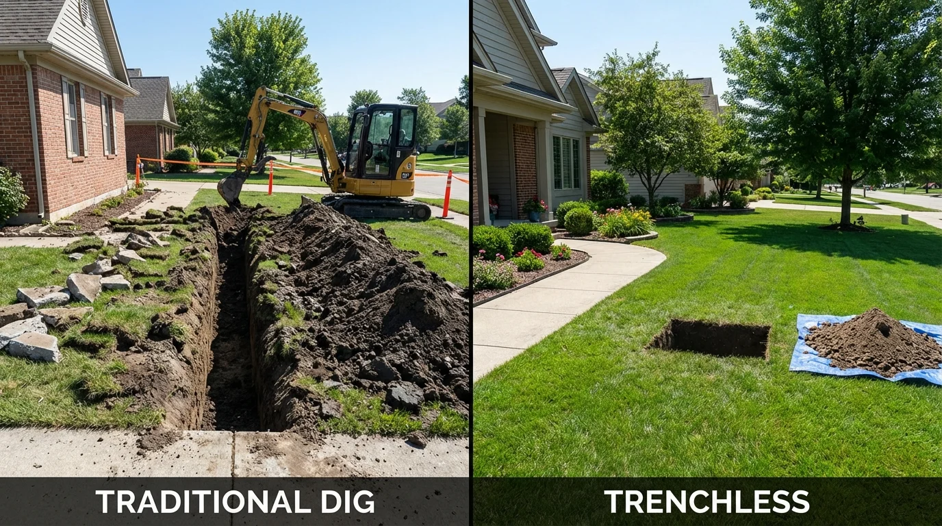 Trenchless sewer repair with minimal yard damage versus traditional excavation in Munster, IN