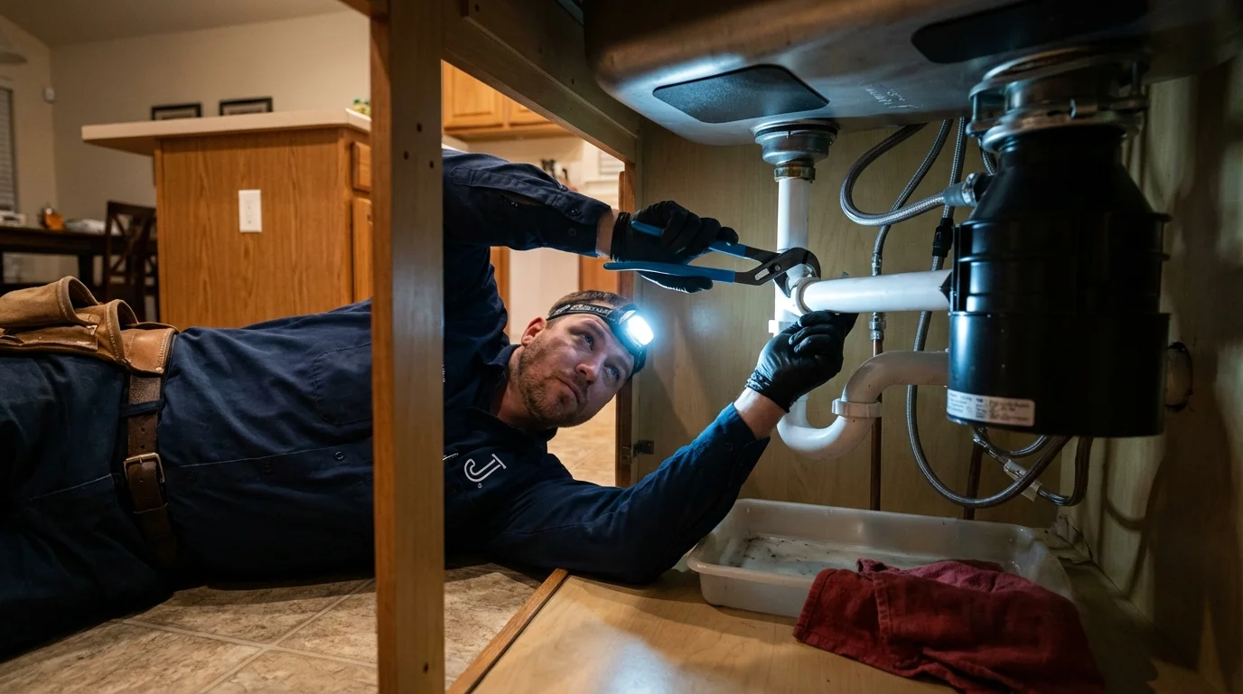 P-trap and supply line connections under a kitchen sink showing a common leak point in Munster, IN
